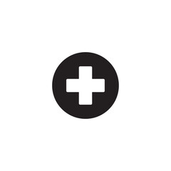 Obraz premium Minimalist medical plus sign icon. White cross on black circle. Perfect for healthcare, first aid, pharmacy, hospital, and UI add button designs. 