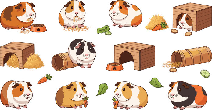 Cute Guinea Pig Cartoon Collection with Eating Sitting and Hiding Poses, Adorable Pet Rodent Vector Illustration Set with Vegetables Hay and Wooden Houses