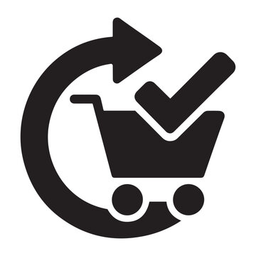 Shopping cart icon with checkmark within a circular arrow, indicating completed transaction or order