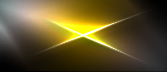 Naklejka premium Bright yellow starburst dominates dark background. Soft gradients create dramatic light effect. Minimalist design, abstract composition.
