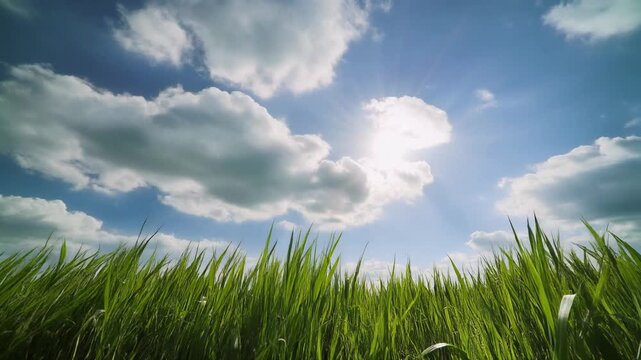 Low Angle Looking Up From Bright Green Meadow Grass At Cumulus Clouds And Sun In Blue Sky