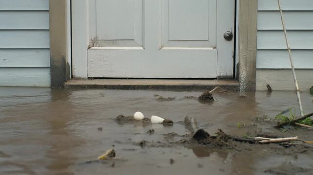 Muddy Flood Water Lapping Against The Bottom Of White Wooden Door During Natural Disaster