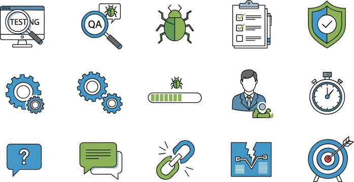 Software testing and debugging icon set with QA quality assurance, bug detection, system settings gears, progress loading, developer support and target success vector