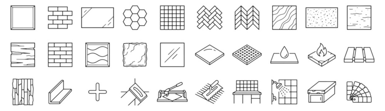 Tile stone surfaces line icon set. Ceramic square, subway brick pattern, hexagon mosaic grid, herringbone chevron layout, tile cutter, shower wall, kitchen backsplash outline vector illustrations.