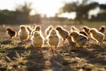 Obraz premium A group of baby chicks stand in a field, looking towards the light.