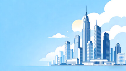Fototapeta premium Blue skyscrapers with white clouds and gradient sky background