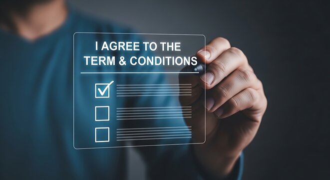 Person agreeing to terms and conditions on a digital screen with a pen