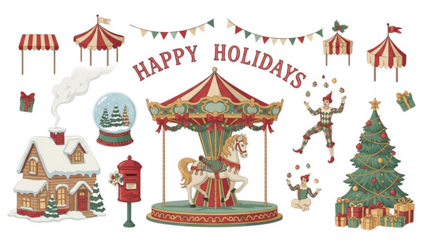 Whimsical Vintage Christmas Vector Illustration with Carousel and Festive Characters