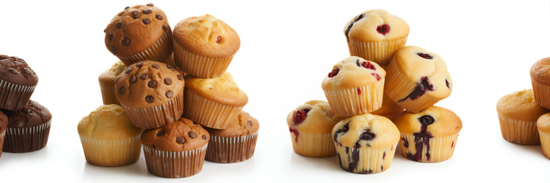 Stacked assorted muffins on white background chocolate chip
