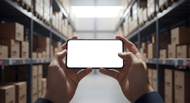 Hands holding a smartphone with blank screen in a warehouse