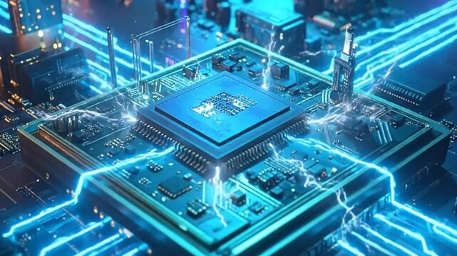 Close-up of a computer processor with glowing blue lights, representing technology and innovation.