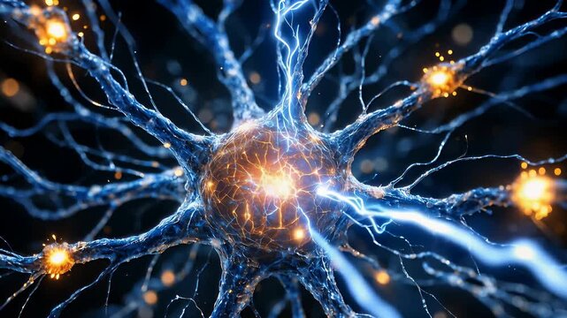 Glowing neurons transmitting electrical impulses in the human brain. Futuristic neural network visualization representing AI, neuroscience, cognition, and digital data flow.
