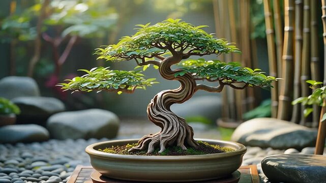 Japanese bonsai tree in a pot on a garden setting