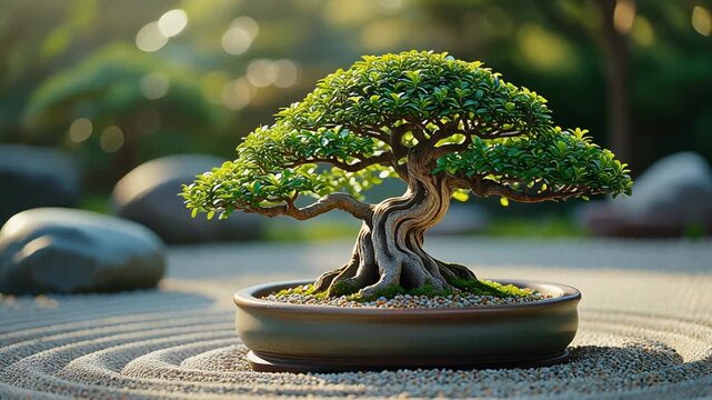 Japanese bonsai tree in garden with stone pot and traditional decoration