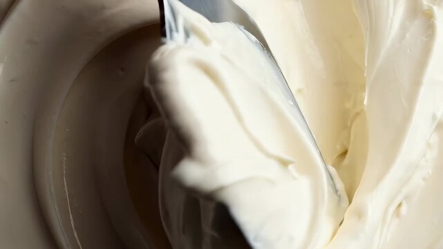 Cream texture swirling under spatula, macro view of cosmetic product forming smooth spiral surface, beauty care preparation, skincare formulation concept, dermatology treatment and luxury spa routine.