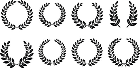 Laurel wreath collection vector set with classic leaf crowns and branches, victory award symbol decorative botanical wreath elements for logo and emblem design © KP Studio
