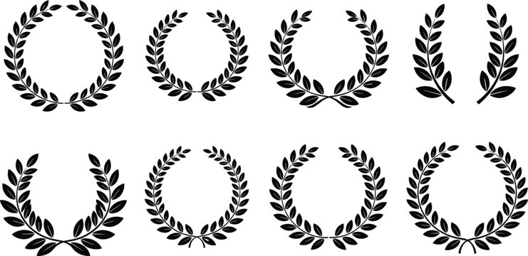 Laurel wreath collection vector set with classic leaf crowns and branches, victory award symbol decorative botanical wreath elements for logo and emblem design