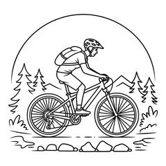 Naklejka premium Person wearing helmet and backpack cycling through a natural outdoor landscape with trees and mountains