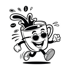 Obraz premium Retro cartoon coffee cup character wearing sunglasses happily running with splash and beans isolated on transparent background