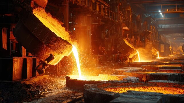 Vibrant photo of Industrial foundry pouring molten steel into molds