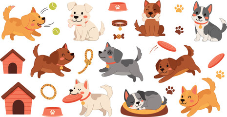 Fototapeta premium Cute Cartoon Dog Collection with Playing Puppies, Pet Accessories, Toys, Bowls and Dog Houses, Adorable Canine Animal Vector Illustration Set Isolated on White