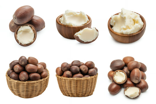 Shea nuts and shea butter in bowls and wicker baskets