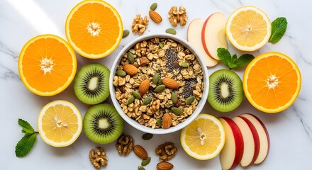 Healthy Breakfast with Granola, Fruits and Nuts - Overhead View