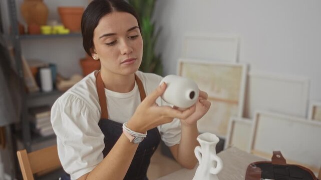 Woman in apron examines a white ceramic vase, holding it with both hands and turning it to check finish in a pottery studio; quiet concentration.