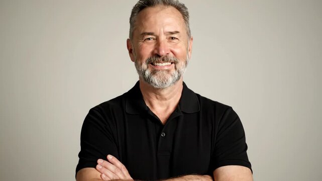 Confident mature caucasian man with a grey beard smiling at the camera. Handsome senior male model with arms crossed wearing a black polo shirt. Wide panoramic banner for a website header