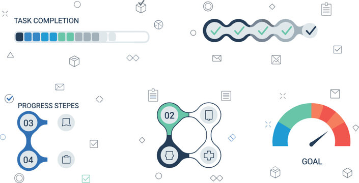 Business progress and task completion dashboard elements including progress bar steps workflow and goal gauge vector illustration set
