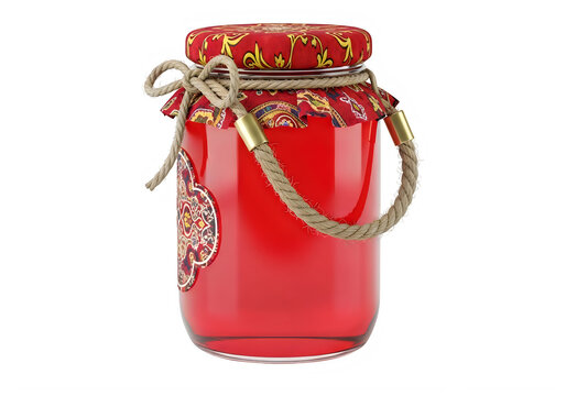 A red jar with a decorative lid and twine isolated on transparent background