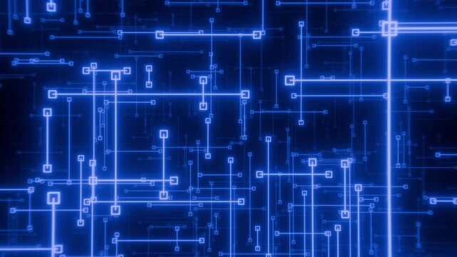Looped background with blue digital space made of glowing lines and nodes with moving camera effect. Abstract animation of circuit board patterns for electronics and computer technology. Loop 4K 60fps