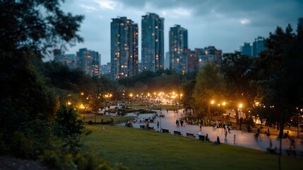 Obraz premium A bustling city park filled with people and illuminated by streetlights during twilight with tall apartment buildings glowing in the background