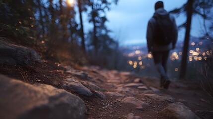 Fototapeta premium A lone hiker walks on a rocky mountain trail overlooking a blurred city at dusk