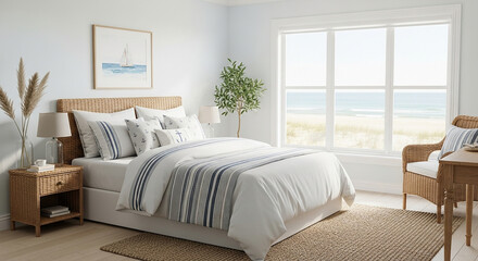 Fototapeta premium Light-filled bedroom with ocean view and wicker furniture white bedding striped comforter