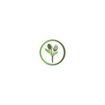 Green Culinary Logo with Spoon Fork and Leaves in Circle.