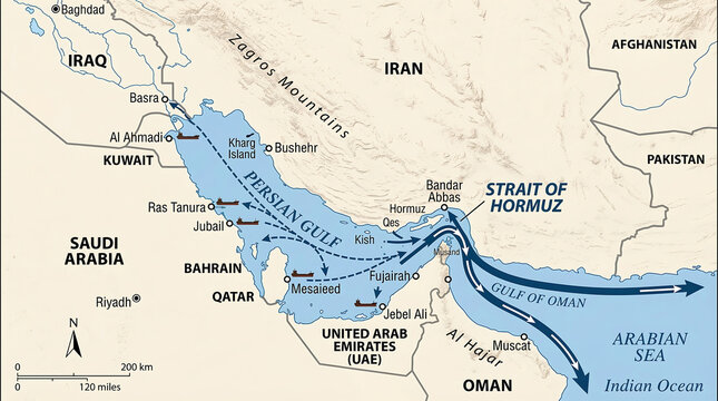 Map of persian gulf region highlighting oil tanker shipping routes through strait of hormuz