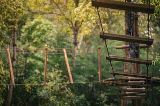 Tree top adventure course with wooden planks and ropes in a forest setting for climbing and exploring near the ground