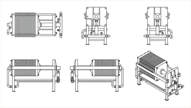 Engineering blueprint of a plate and frame filter press, depicting multiple views for industrial application