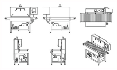 Obraz premium Industrial Conveyor Belt Washing Station with Spray Nozzles and Water Tank