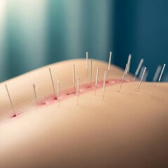 Close-up of Acupuncture Needles Inserted into Skin for Therapeutic Treatment.