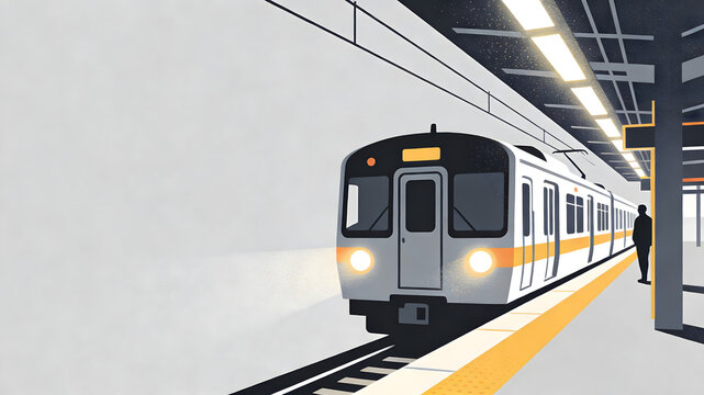 Modern subway train with orange stripe arriving at station platform