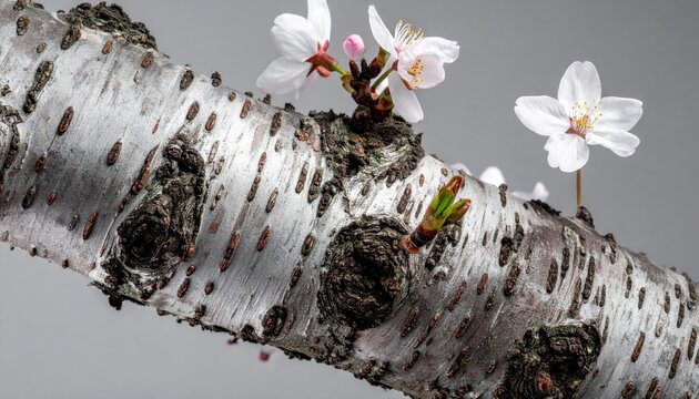 Beautiful Birch Tree Bark with Delicate Cherry Blossom Flowers