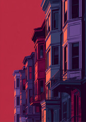 Obraz premium A striking flat illustration of classic row houses featuring bold red facades and deep purple shadows. The minimalist design uses sharp lines and high contrast to depict urban architecture.