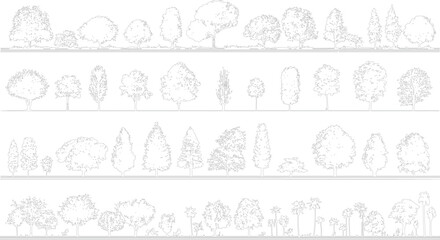 Collection of diverse tree outlines in a linear arrangement across four horizontal bands silhouette botanical © Pixel Park