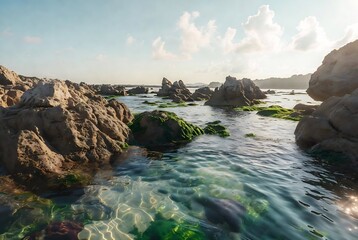 Rocky coastline with turquoise water and seaweed, a serene coastal scene.