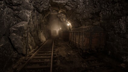Fototapeta premium Old underground mine tunnel, mining cart and tracks