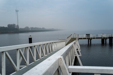Obraz premium White pier with seagulls and wind turbine in medemblik