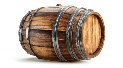 Aged Wooden Barrel with Metal Hoops Isolated on White Background.