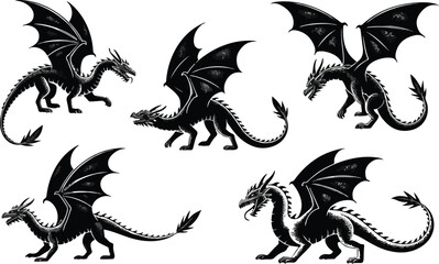 Naklejka premium black mythical dragon silhouettes in various flying and walking poses for fantasy gaming and book illustration.